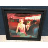 A studio framed oil painting of a lady taking an aperitif in an Art Deco bar, 49.5x58cm