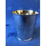 Early Victorian hallmarked silver beaker engraved with initials with garter submounted by winged