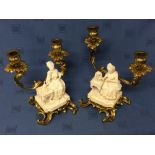 Pair of fine quality ormolu twin branch candelabra, each supporting a Parian figure group, each of a