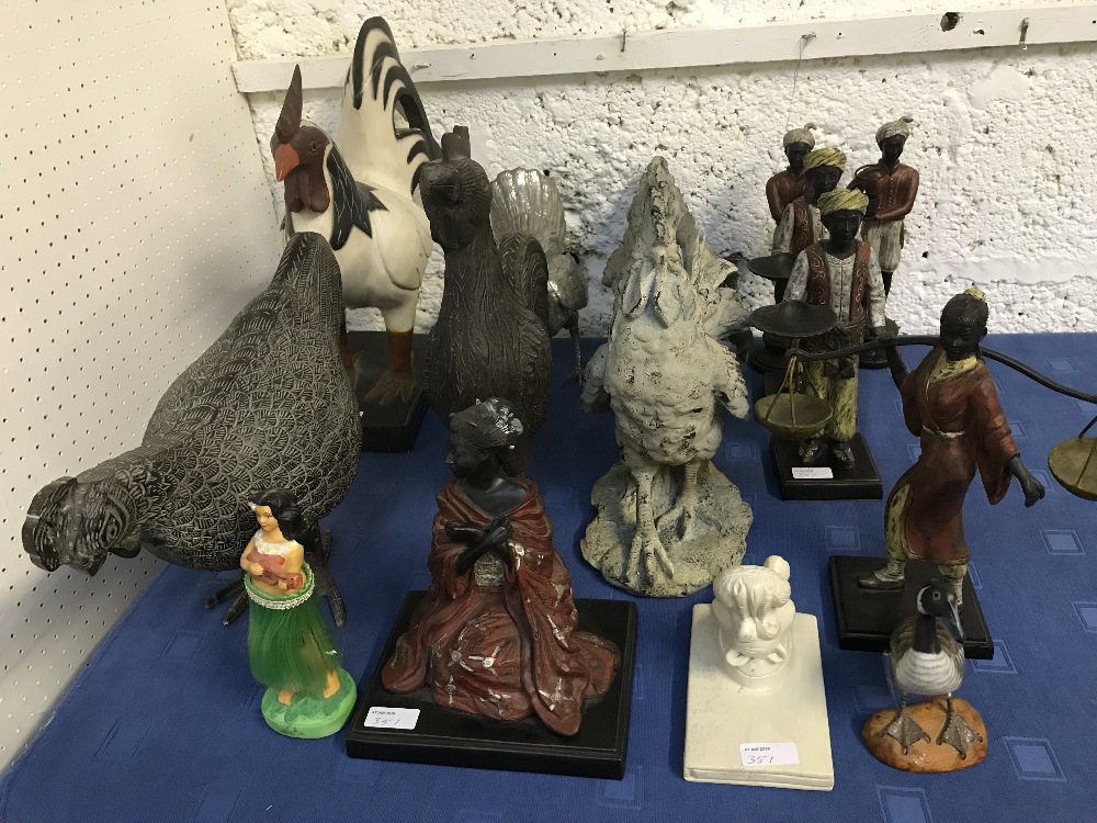 Qty of decorative chickens & miniature Moroccan figures