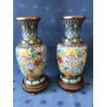 Pair of Chinese bright, colourful, floral cloisonné vases on carved wooden stands, 44cmH overall