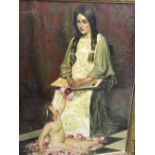Oil on canvas portrait of a seated lady with child at foot, 90x70cm in glazed swept gilt frame