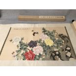 Chinese scroll of floral and butterfly decoration, with character marks, 58Wx160Lcm