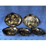 Pair of gilded oval trays, a pair of dishes & a swing handle comport all decorated with Chinese