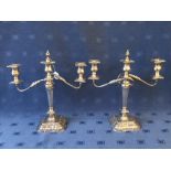Pair of good quality heavy Sheffield plate, triple candelabra on shaped square bases, 40cmH