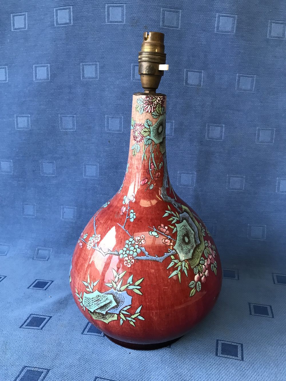 Chinese Sang Du Boeuf lamp decorated with birds & flowers, 32cmH