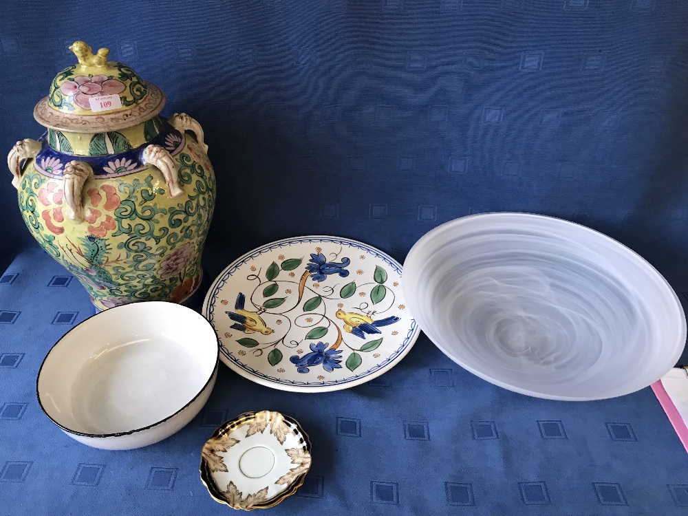 Large yellow ground vase & cover and contemporary studio glass bowl etc. (6)