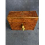 Fine quality Victorian brass bound burr walnut decanter box housing 3 glass decanters, with key