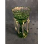 Victorian green glass table lustre with 8 drops, 32cmH