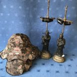 Pair of C19th Chinese bronze figures raised on decorative oval stands, as table lamps with shades