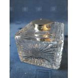 Large glass cube inkwell with hallmarked silver hinged top