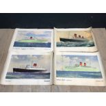 4 vintage Cunard Ship posters, 1 bears signature L. E. Turner