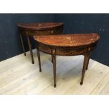 A near pair of marquetry inlaid & crossbanded mahogany circular fold over card tables with green