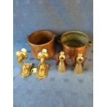 2 antique copper pans, pair of copper & brass candlesticks & a pair of brass wall lights