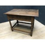 C18th oak straight front side table with 3 plank top, 1 long frieze drawer with brass handles &