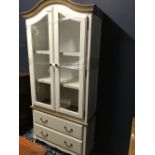 Decorative white painted display cabinet on chest, 200Hx93Wcm
