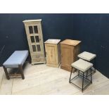 Qty of furniture, incl pine bedside cabinets, small glazed cupboard, stools etc