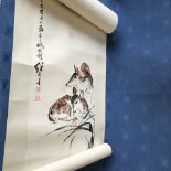 Chinese scroll of 2 deer with calligraphy, 47cmW