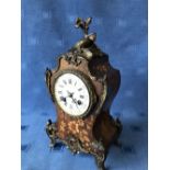 French marquetry inlaid rosewood & ormolu mantle clock with circular ceramic dial & striking