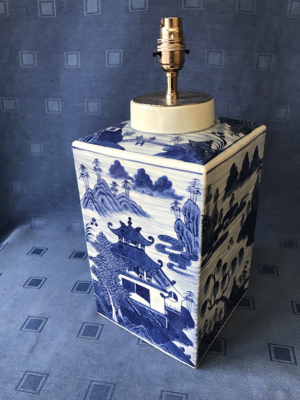 Chinese blue and white square tea jar decorated with lakeland scenes, 33cmH, fitted as a table lamp