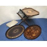 C19th Dutch marquetry oval tray, a tole tray, a silver plate tray & a modern Butler's tray on a