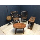 Similar 'pair' Windsor armchairs, Sutherland table (v worn top), occasional table & pole screen