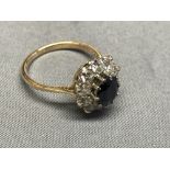 Diamond and sapphire cluster, 18 carat yellow gold ring, size O, 4.5g