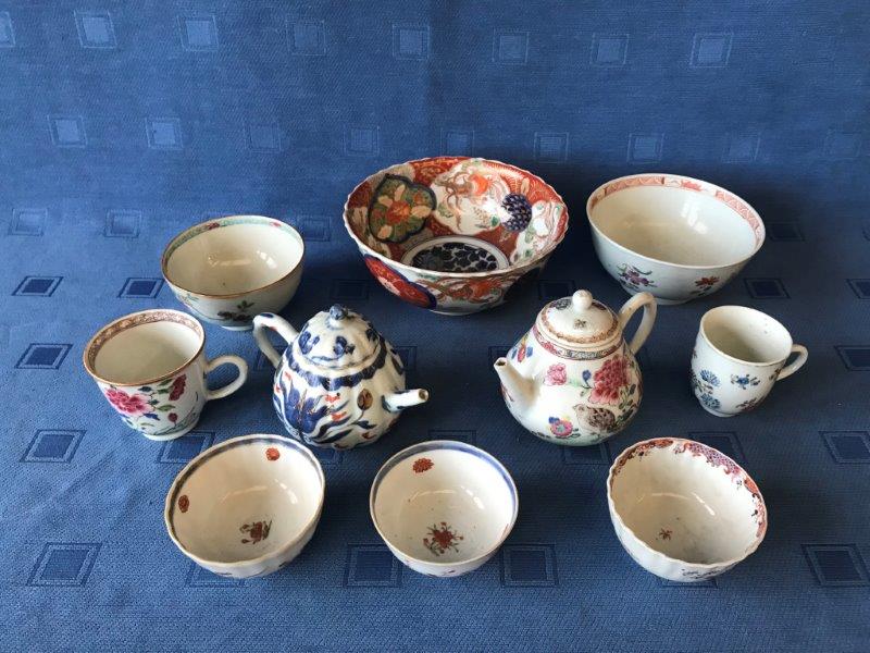 Chinese C18th famille rose small tea pot and another teapot, Imari bowl and 7 various famille rose