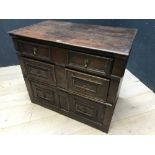 C17th oak straight front chest of 3 long drawers with brass drop handles, 80Hx96Wcm