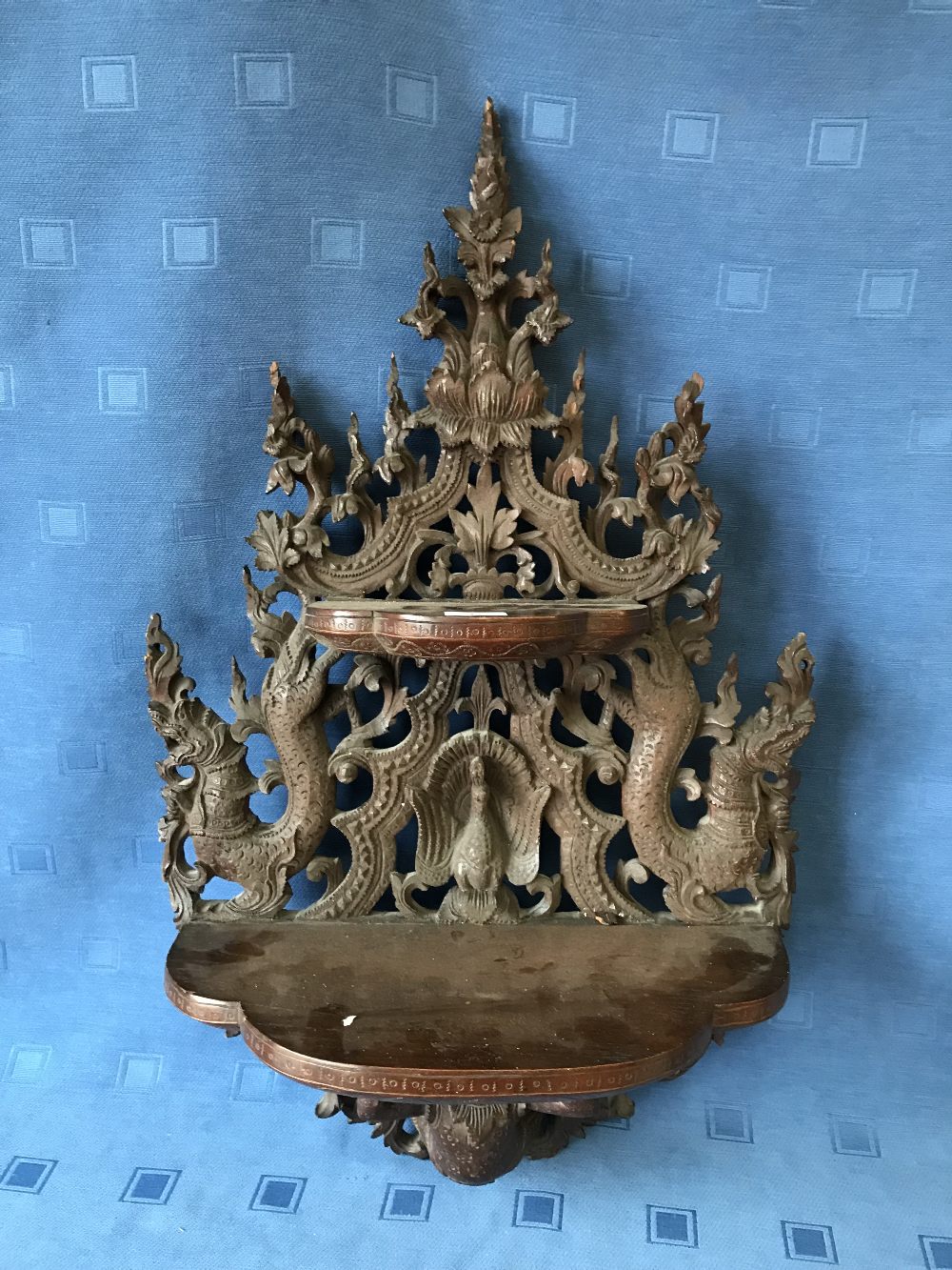 Burmese carved hardwood wall bracket, 73cmH