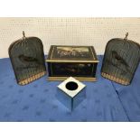 Qty decorative home furnishings, inc painted box, and birds in faux cages etc