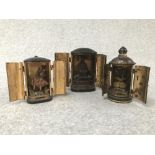 3 C19th Japanese papier mache travelling shrines with gilded and fitted interiors behind pairs of