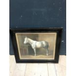 An ebonised framed oil painting study of a thoroughbred horse in a stable, 30x38cm