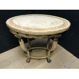 C18th Italian oval side table with patterned marble top above a decorated frieze on 4 painted