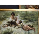 Oil on canvas, 2 Chinese children playing a flute, signed R. DEVANE, 54x89cm