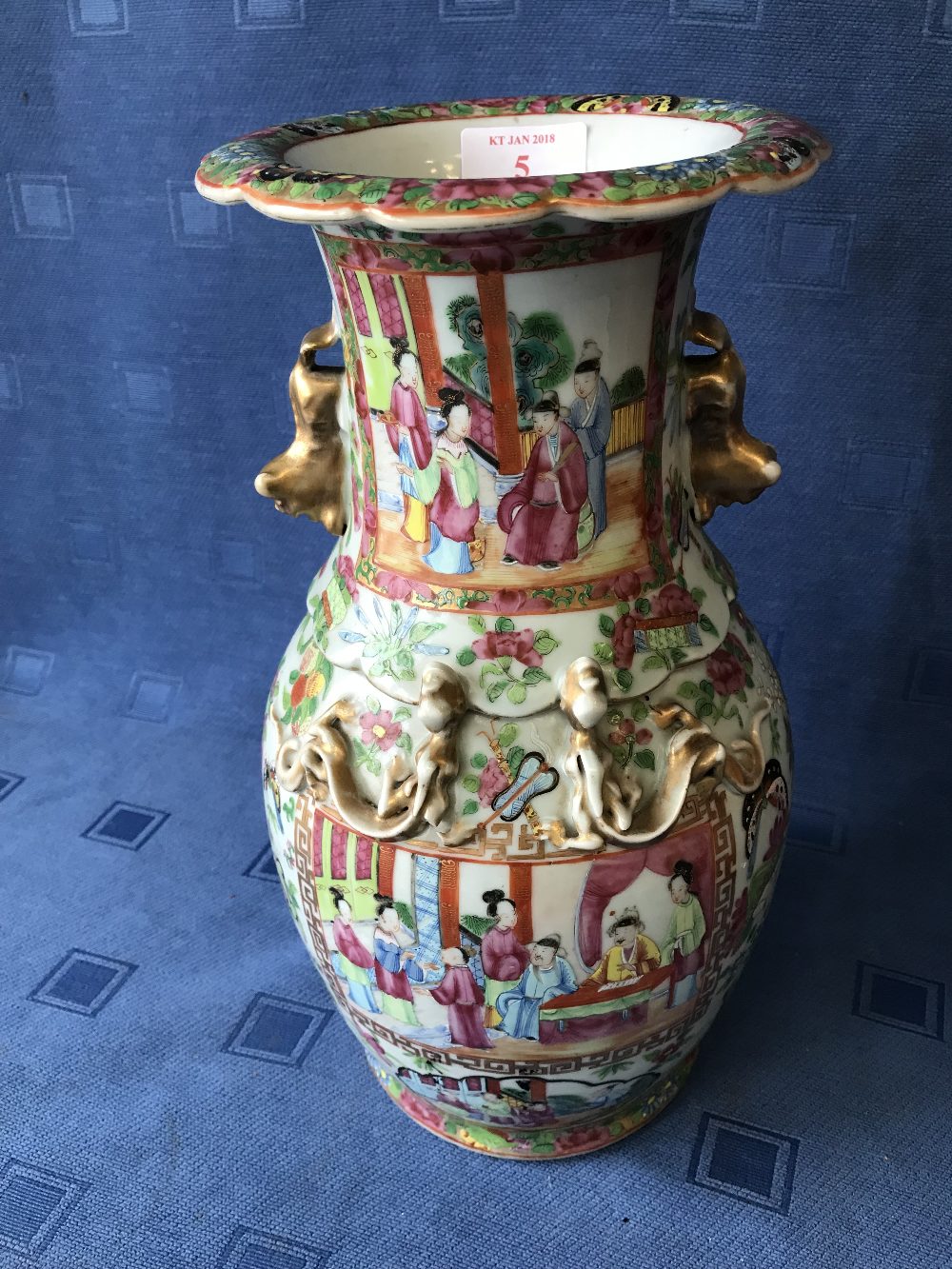 Cantonese vase with all over decoration of figures & flowers, gilded Dogs of Fo handles and fluted