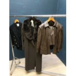 Naval Mess suit, 2 military caps, ladies overcoat and brown leather jacket & skirt