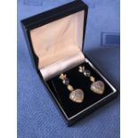 Pair of 18 carat yellow gold heart shaped diamond drop earrings with South Sea pearls
