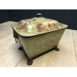 Good Regency tole sarcophagus shaped lidded coal box with lion mask ring handles and paw feet,