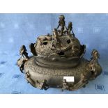 Chinese bronze censer on a stand, with lid decorated with dragons & mythical figures, 36cmL