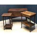 Victorian mahogany drop leaf table, inlaid work table, & plant stand