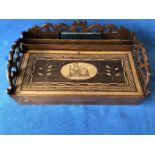 Victorian Irish inlaid yew wood writing box opening to reveal a fitted interior with fretwork