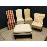 3 high backed upholstered dining chairs, bedroom chair and upholstered stool