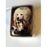 Silver pill box with pictorial enamel lid depicting a dog with kittens