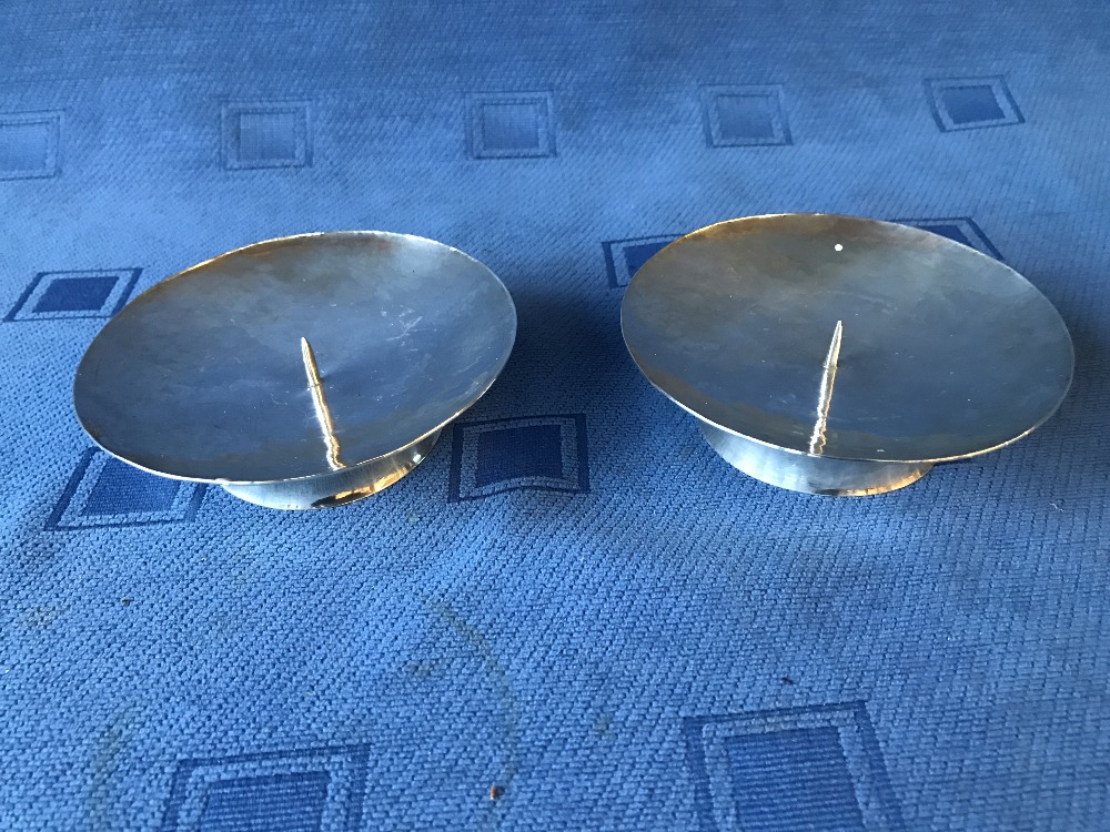 Pair of hallmarked silver modern designer priket candle stands for pillar candles by J.A.K. of