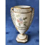 Worcester ivory ground pierced vase with floral decoration, the base ROYAL CHINA WORKS WORCESTER,