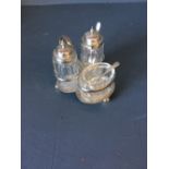 Hallmarked silver 3 piece glass cruet on stand & 2 matched spoons, London 1898 & Birmingham 1887/9
