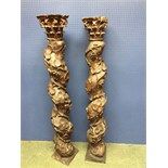 Good pair of C17th carved wood columns, decorated with climbing vine leaves, 153cmH