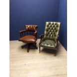 Victorian style mahogany green leather button back armchairs & brown leather Captain's chair