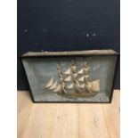 Victorian nautical, carved & painted, diorama of a sailing ship LEWES, the background signed and